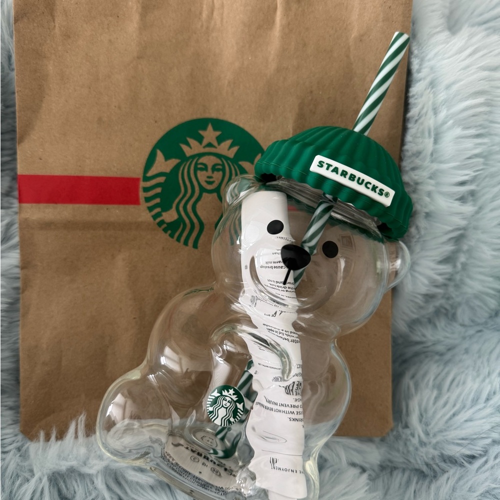 Starbucks Clear Bear Tumbler with Green Lid and Straw